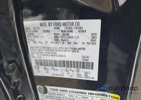 2010 Ford F-150 Fx4/Harley-Davidson/King Ranch/Lariat/Platinum/Xl/Xlt из США, поврежденный, VIN 1FTFW1EV4AFC33235